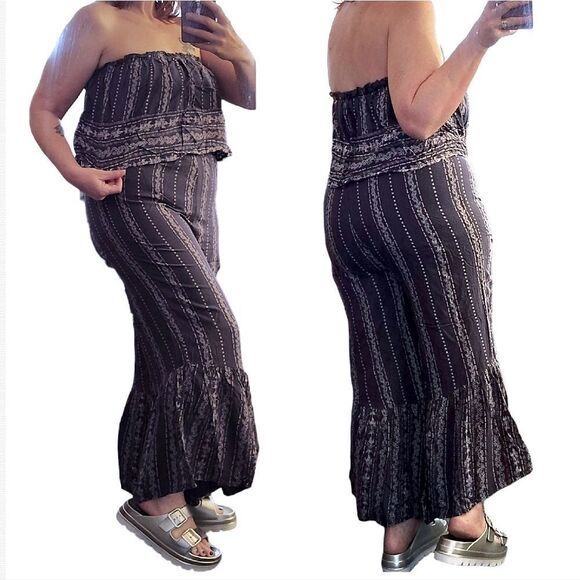 Japna Blue Striped Strapless Ruffle Top Boho Crop Flare Jumpsuit Large - Picture 8 of 10